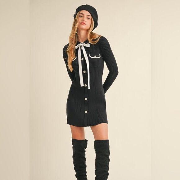 100. KNIT SWEATER MINI DRESS WITH RHINESTONE BUTTONS - Picture 2 of 10